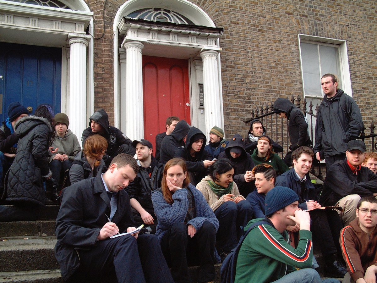 Another important precursor was the Magpie squat on Leeson st, photo is a successful anti-eviction mobilisation. It was the organising centre for the early Mayday 2004 EU summit organising but evicted ahead of the summit protest 7