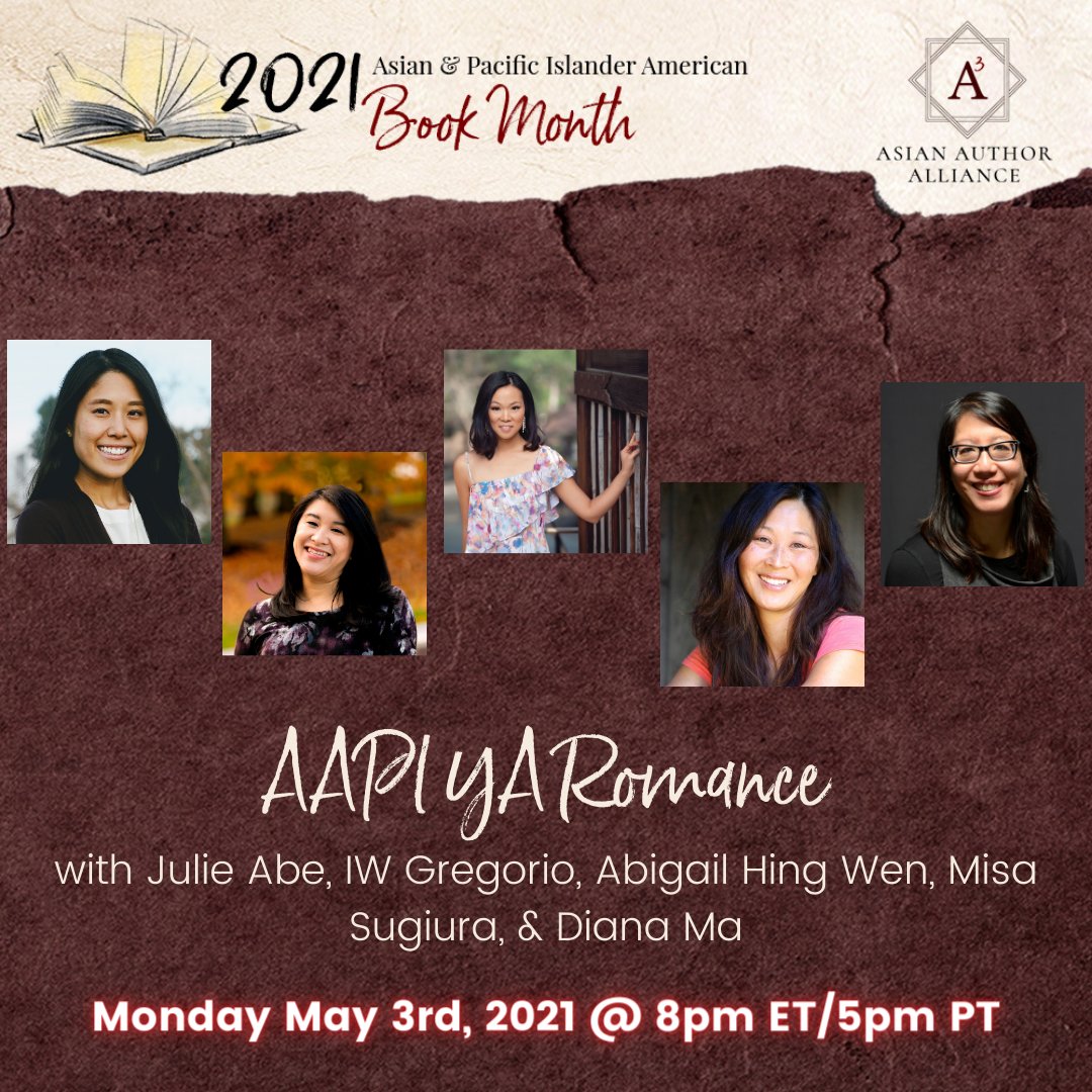 Next month is #AAPIHeritage month and @Asian_Authors has some great bookish panels lined up for you! 

Check out @abigailhingwen @IWGregorio @julieabebooks @dianama and me paneling about AAPI YA romance on May 3 8pm ET/5pm PT!