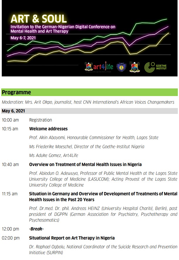 Art4LifeLagos's tweet photo. Art &amp; Soul is an upcoming 2 day digital conference on Mental Health and Art Therapy organised in collaboration with @GI_Nigeria and SURPIN.
Register and don't miss out in expert  overviews on current developments of mental health practices in Nigeria and Germany https://t.co/0DvDlgD9h3