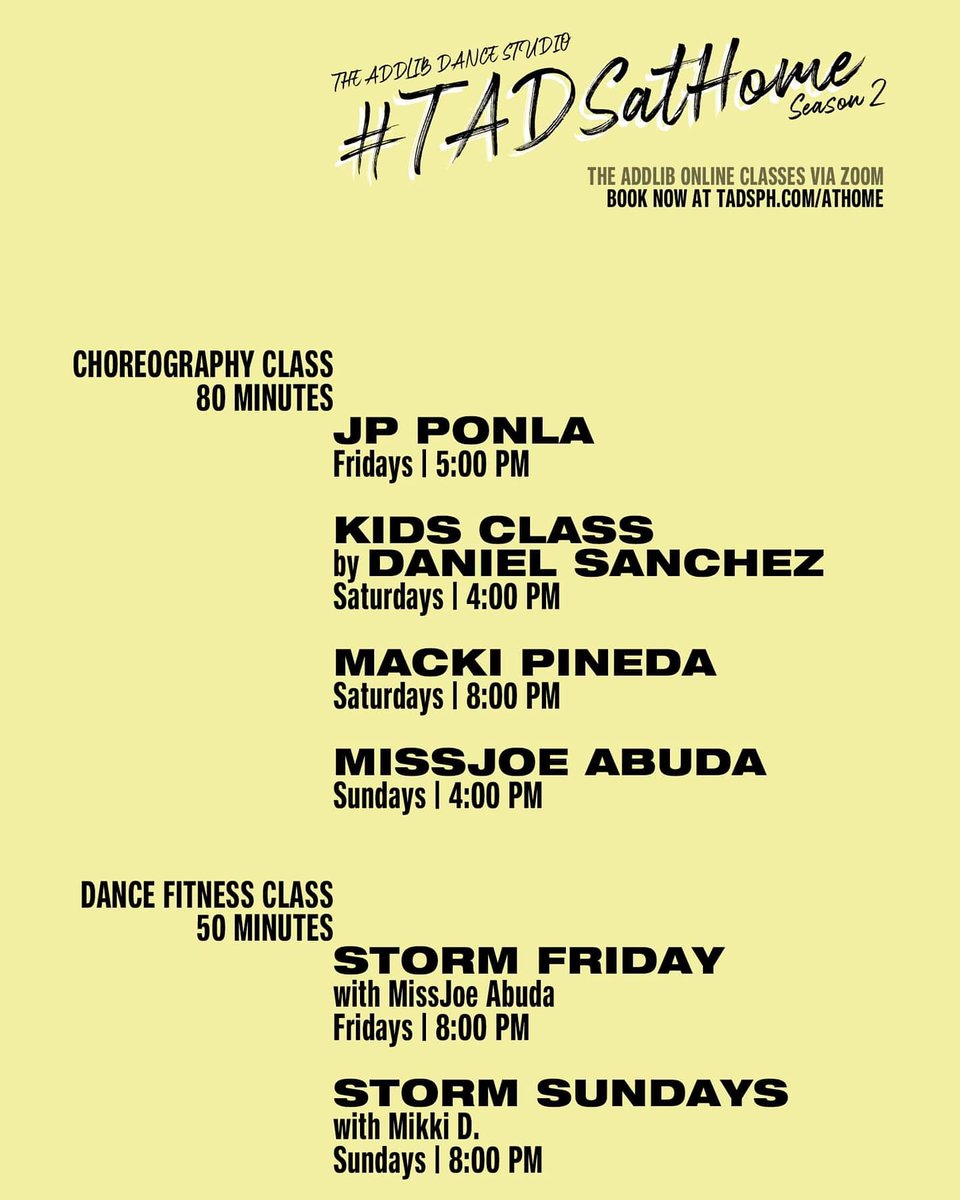 #TADSatHOME Season 2 —
#TheAddlib #TADSph Online Dance and Fitness Classes

Dance safely! Beginning this Saturday, May 1st.

Boom your slot now:
tadsph.com/athome