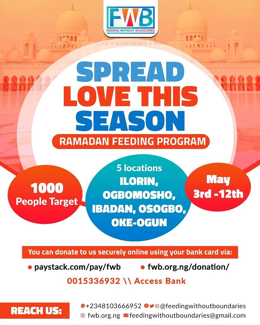 feedingwithoutB's tweet photo. #FeedingWithoutBoundaries will be having an #IftarProgramme this #RamadanSeason and we intend to reach out to not less than #1000 less privileged Muslims during the last ten days of Ramadan.
.
We hereby solicit for support to make this programme a successful one.
#fwb #Ramadan https://t.co/JH73KCK04f