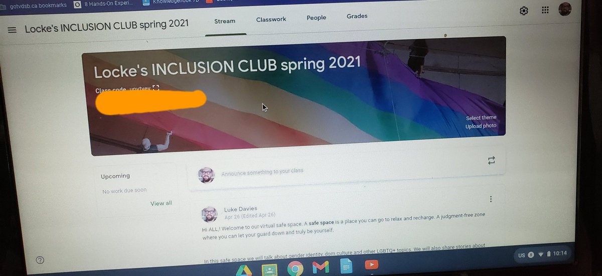 TheRealMrD4's tweet photo. Connecting with students in need is extra difficult right now, but the creation of our online Inclusion Club/GSA at least provides a virtual safe space for some of our students who need it. 
#tvdsbcares #tvdsbSafeSchools
#lockespride https://t.co/lQmB4YzX70