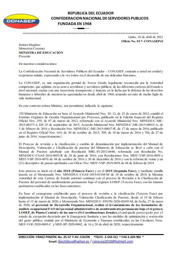 CONASEP_EC's tweet photo. ‼ Atención ‼
A continuación ponemos a consideración el Oficio No. 017 enviado a la señora Ministra de Educación que se detalla: https://t.co/6eToG0DewB