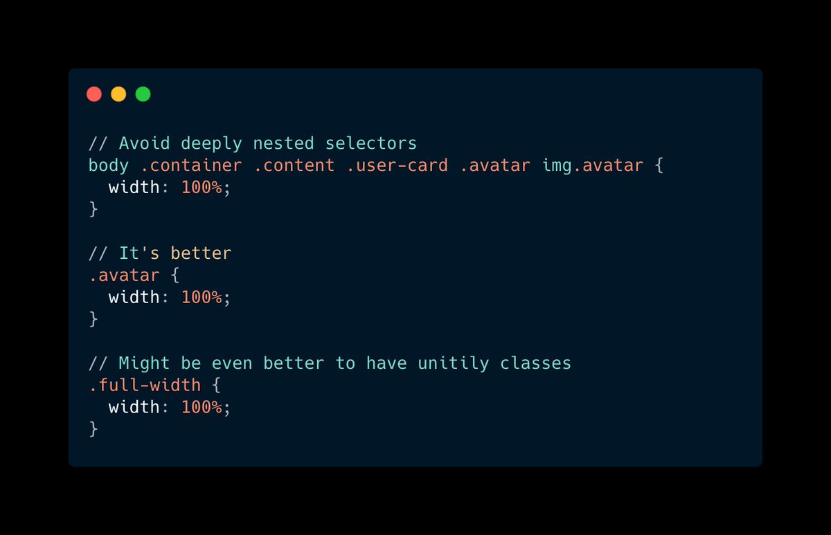 3. Deeply nested selectorsJust because the DOM tree looks one way does not mean the CSS should match it.HTML is for structure. CSS is for styling.