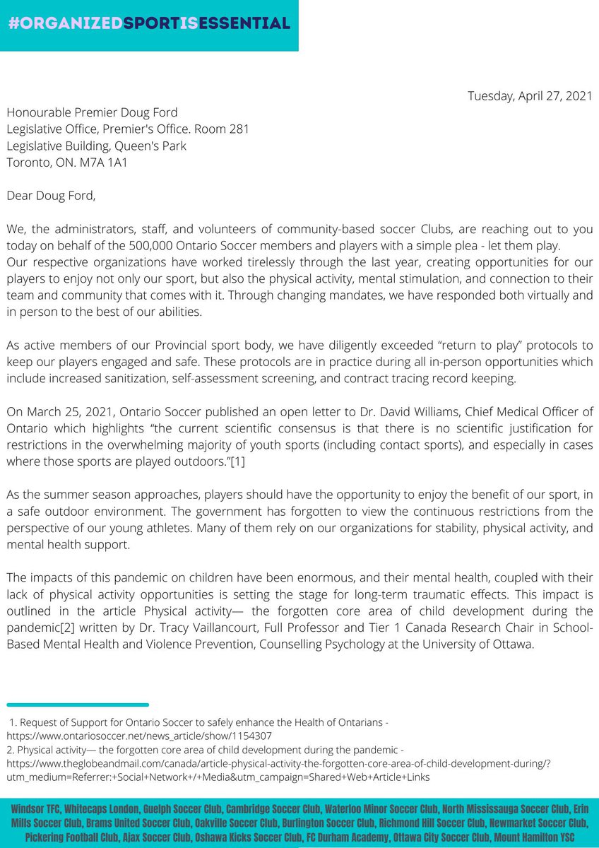 LdnTFC's tweet photo. 17 Community Sports Organizations, including #MHYSC , from across Ontario urge @fordnation to see the impact on our player's mental health. Our survey shows 2 in 5 Ontario youth identify they are suffering from Anxiety/Stress/Worry as a result of the pause of sport. https://t.co/AMSLbLVpPE