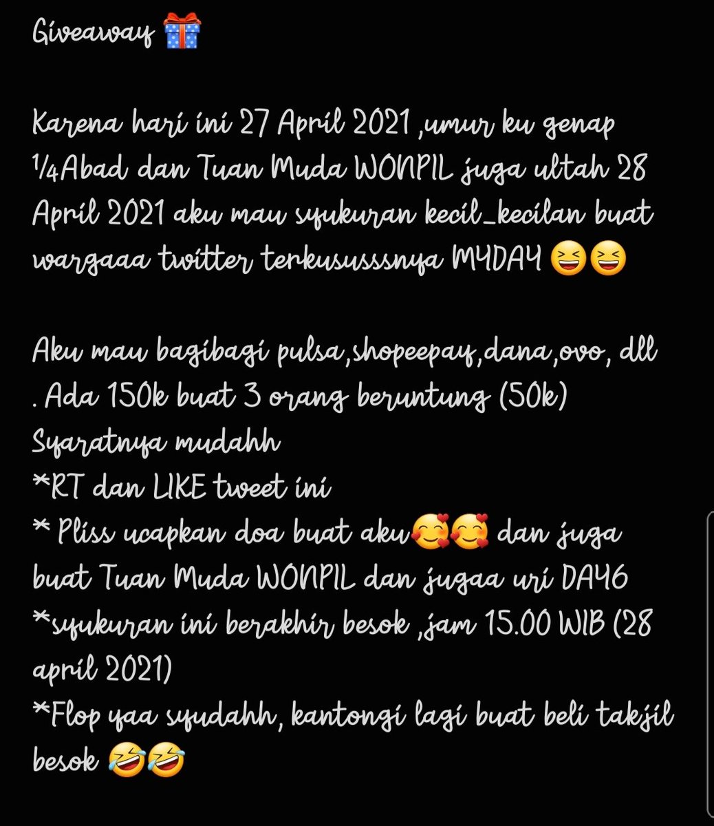 ajoenhoey's tweet photo. GIVEAWAY FOR ME & WONPIL BRITHDAY🎉🎉🎉🎉🎉🎉🧧🧧🧧🧧
Aku mau bagibagi pulsa,shopeepay,dana,ovo, dll. Ada 150k buat 3 orang beruntung (50k)
Syaratnya ada di pict 😘
#HBDForme
#Wonpilday
#MydayINA https://t.co/oJ9xgRrQEJ