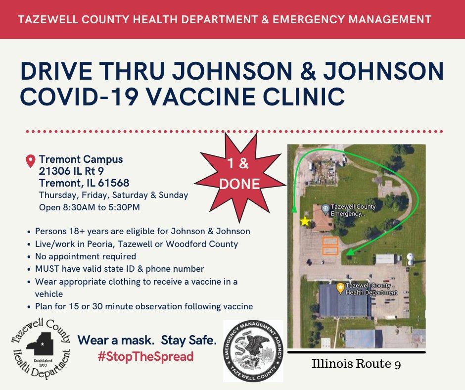 NPMHDist102's tweet photo. JOHNSON &amp; JOHNSON COVID-19 VACCINE DRIVE THRU CLINIC 

The Tazewell County Health Department is offering a drive thru vaccine clinics Thursday - Sunday on the following dates.
   - April 29 &amp; 30, May 1 &amp; 2,
   - May 6-9 
Times are from 8:30 am–5:30 pm each day. https://t.co/Z1aoiotdkM