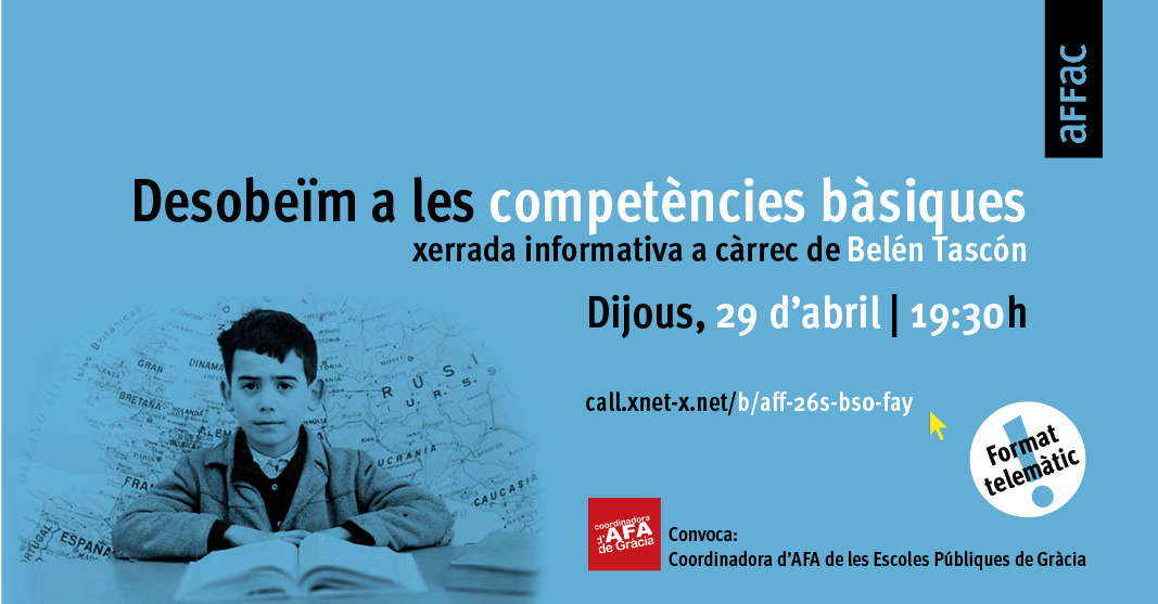 🚨 Atenció famílies!

Davant les proves d'avaluacions externes de 6è, la presidenta de l'aFFaC <a href="/BelenTascon/">Belen Tascón</a>, oferirà una 🎙XERRADA INFORMATIVA per donar a conèixer els arguments pels quals aconsellem la seva desobediència. 

📆 29 d'abril
🕜 19:30h 
💻👉 call.xnet-x.net/b/aff-26s-bso-…