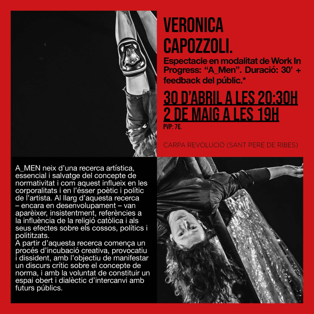 Circ que qüestiona les normes! A_MEN, de Veronica Capolozzi, aquest cap de setmana a la Carpa Revolució.
<a href="/FesPlusChapeau/">Fes+Chapeau i la Carpa Revolució</a>
🗓️ 30 abril 🕣 20.30 h
🗓️ 2 maig  🕖 19 h
📍 Carpa Revolució (Ribes)
🎫 fespluschapeau.org/entrades
#Fespluschapeau21
#GanesdeTornaraViure
#CulturaSegura
#SPRibes