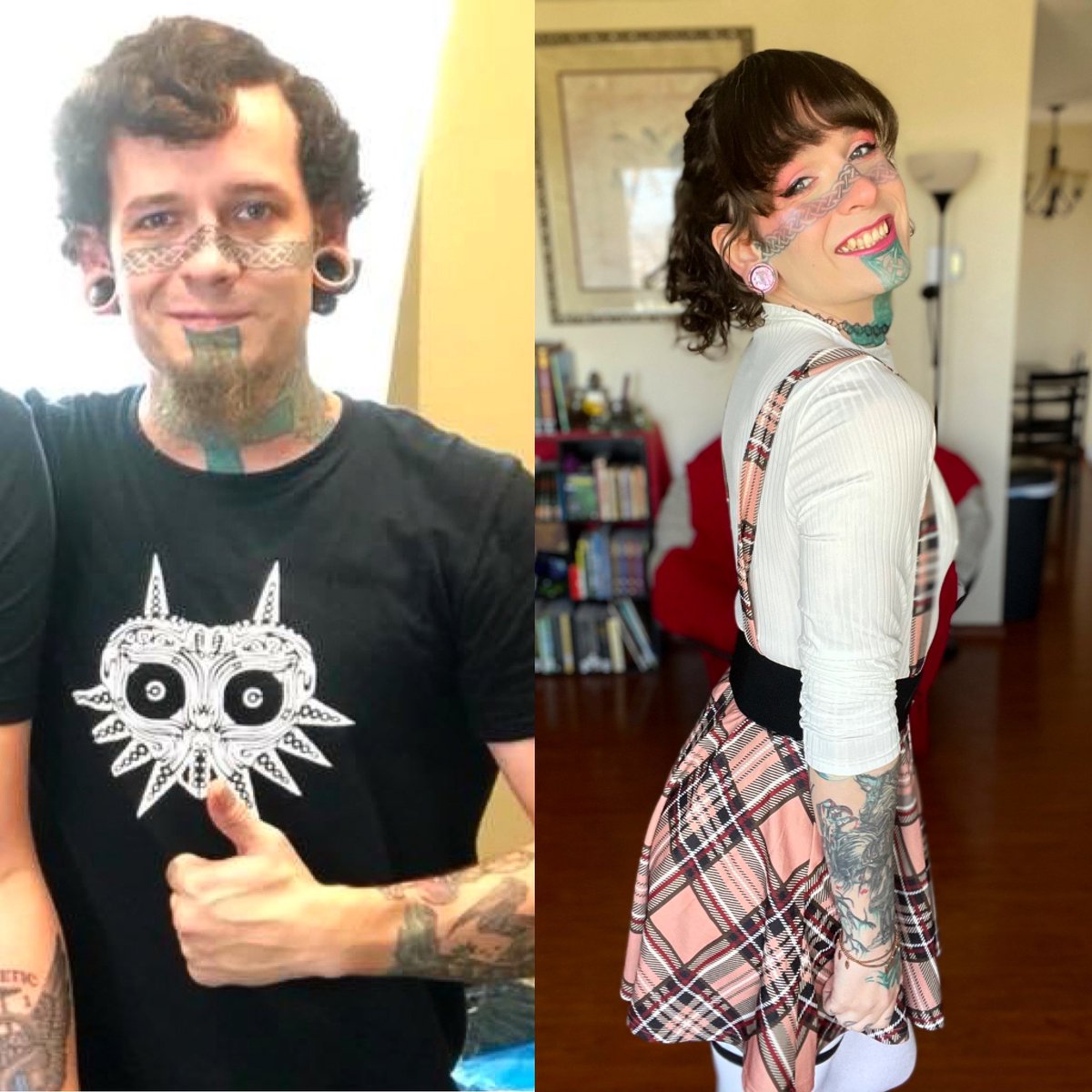 KeoghLucille's tweet photo. Left side is me hating myself and smile, pretending I didn’t want to die!! Ohh how I wish I could just have told myself to not be so scared and believed in myself!! Fast forward to now and I am so happy I am about to explode 😝 thanks the cosmos for science!! https://t.co/r0AWlhhqF3
