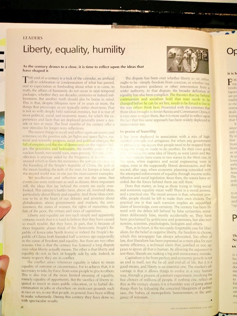 sadaat55's tweet image. Nobody knows exactly , what is in store for us.Only God knows.
Requested my wife to recover my trove of &quot;The Economist&quot;.I helped her holding the ladder.
This issue of the paper is from September 1999. The Editorial of the paper is Liberty, Equality, Humility.
#FutureForecasting