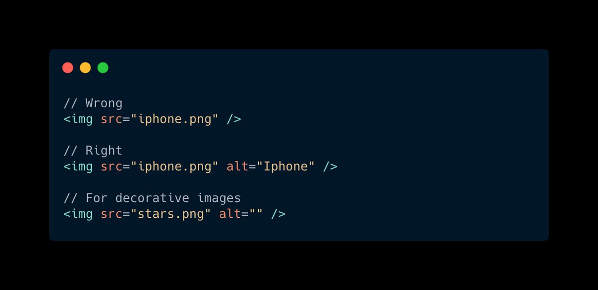 8. Missing alt text for imagesAlt is a required (!) attribute for images ( https://www.w3schools.com/tags/att_img_alt.asp)Screen readers use alt to understand what the image is about.If the image serves DECORATIVE purposes, then you should put alt="" (an empty string)