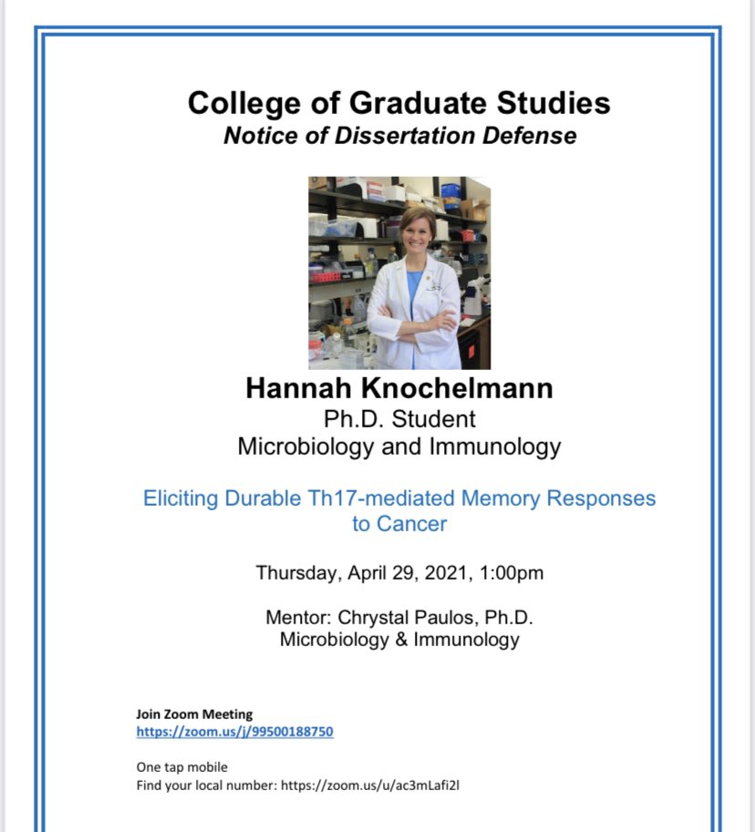 Aubrey Smith, PhD (@aubrey_smith04) on Twitter photo Hannah <a href="/hknochelmann/">Hannah Knochelmann, MD PhD</a> an MSTP student in our lab is giving her dissertation defense on Thursday! So hype for her - she is a rockstar. Itās sure to be a great presentation of the innovative and highly translational work sheās done in the lab! #Th17killas #MUSC #WinshipEmory Hannah <a href="/hknochelmann/">Hannah Knochelmann, MD PhD</a> an MSTP student in our lab is giving her dissertation defense on Thursday! So hype for her - she is a rockstar. Itās sure to be a great presentation of the innovative and highly translational work sheās done in the lab! #Th17killas #MUSC #WinshipEmory