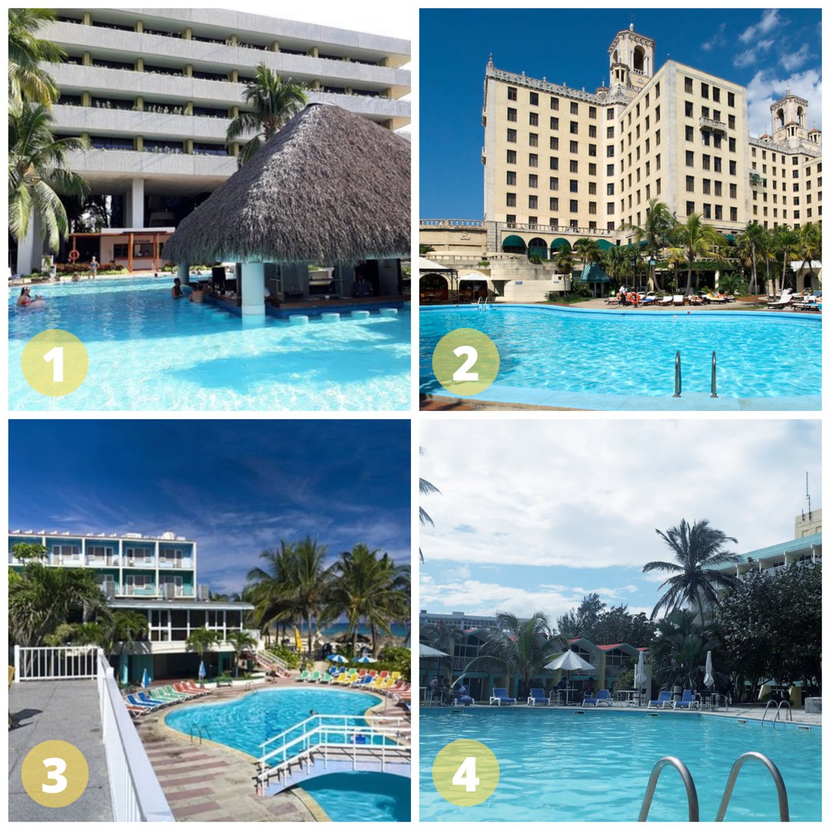 Cuál de estos hoteles te gustaría visitar?? 🤔 Si ya lo has hecho déjanos tus comentarios 🤗👇
1 Hotel Melia Habana
2 Hotel Nacional
3 Hotel Atlántico
4 Hotel El Viejo y el Mar

#CubaturLeOfrece #EligeExperiencia