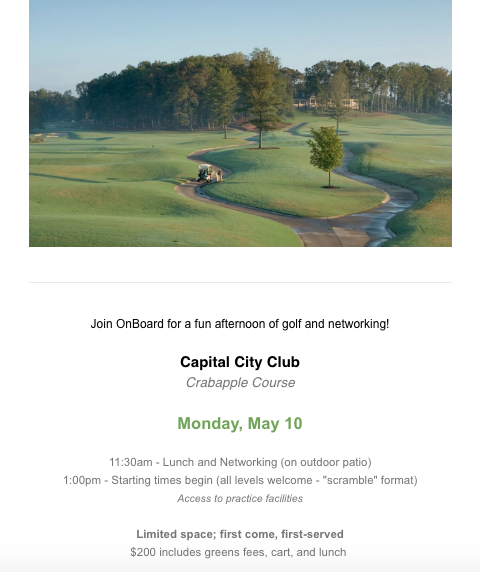 Join #OnBoardInc on May 10th at <a href="/CapitalCityClub/">Capital City Club</a> for an afternoon of #golf and #networking! 

Registration is first come, first served so reserve your spot today!

onboardnow.z2systems.com/np/clients/onb…