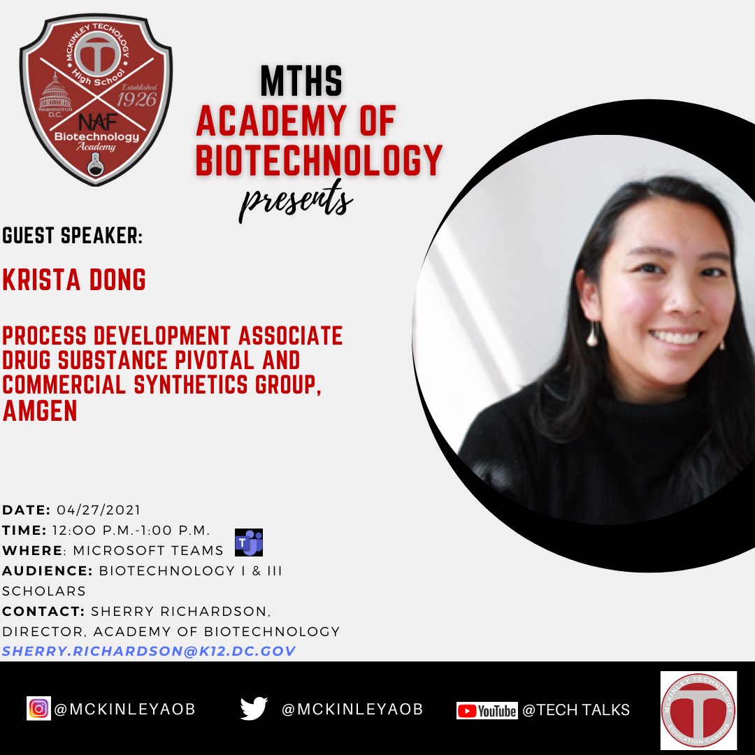 <a href="/mckinleyaob/">McKinley AOB</a> scholars will hear from <a href="/Amgen/">Amgen 🧪🔬🧬</a> Process Development Associate for Drug Substance Pivotal and Commercial Synthetics Group, Krista Dong today at 12-1. We look forward to learning from her experiences. <a href="/nafcareeracads/">NAF</a> <a href="/dcpscte/">DCPSCTE</a> <a href="/mckinleytech/">McKinley Tech</a>