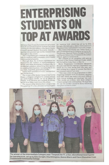 TimpeallT's tweet photo. A recent article in the @kerryman_ie, thank you for the support! @KerrySEP @StudentEntProg @Castleislandcc1  #KerrySEA #studententerprise #IntermediateCategoryKerry https://t.co/uzfPhqYWoH