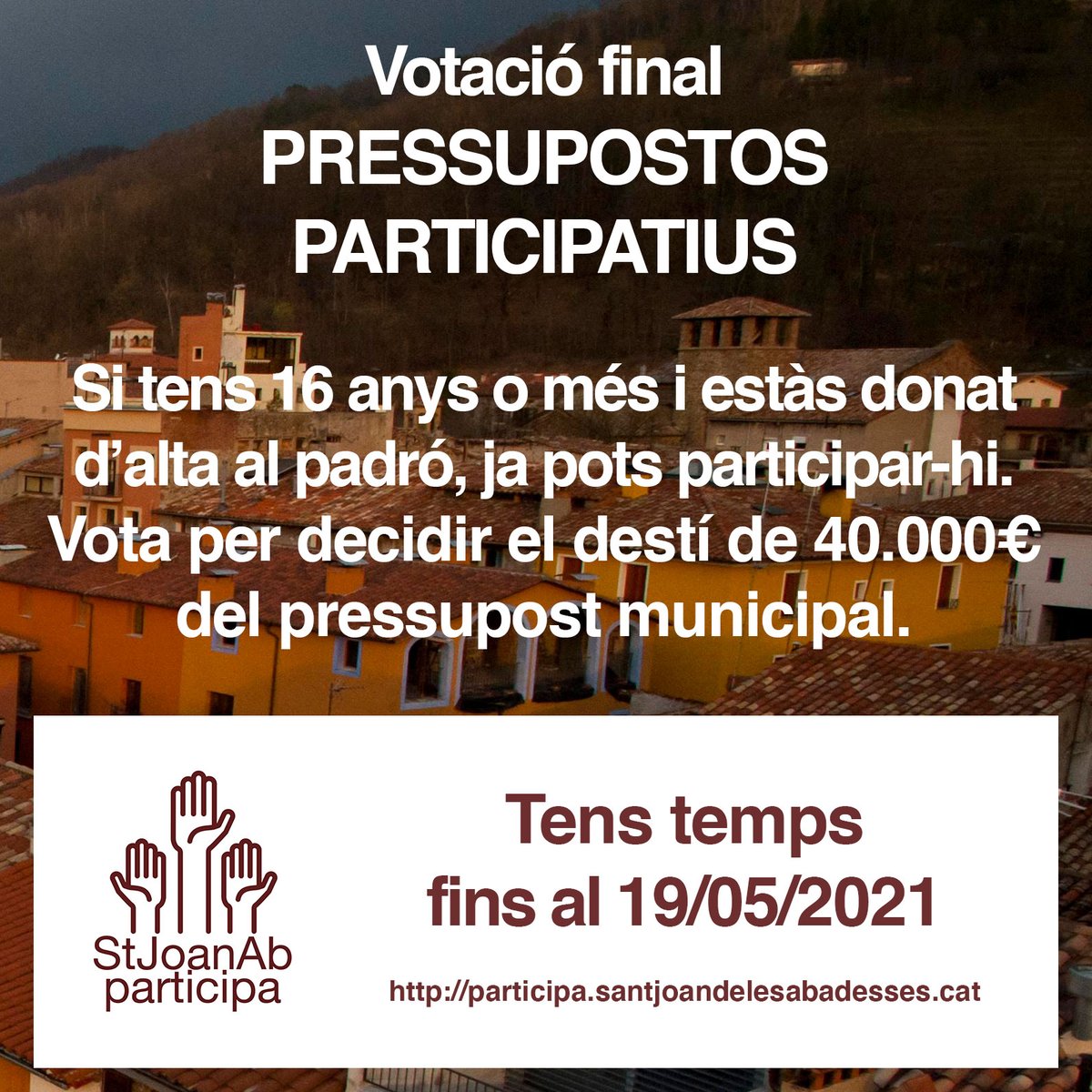 StJoanAbadesses's tweet photo. ✋🏽  #Decideix: Ja pots votar les propostes dels 1rs pressupostos participatius de #StJoanAb. Quina o quines de les 11 propostes finalistes creus que s'haurien de dur a terme?

🗳️ 👉🏽  https://t.co/4O5ujkm8F3 https://t.co/16sy7ieiin
