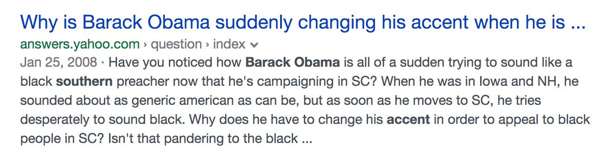 People pulled this same garbage w/ Barack Obama. They accused him of being a fake when he code-switched from "Standard American" to AAE/AAVE. They also accused him of faking a regional dialect both in broad speeches & when he was in the South. It's all linguistic racism 5/