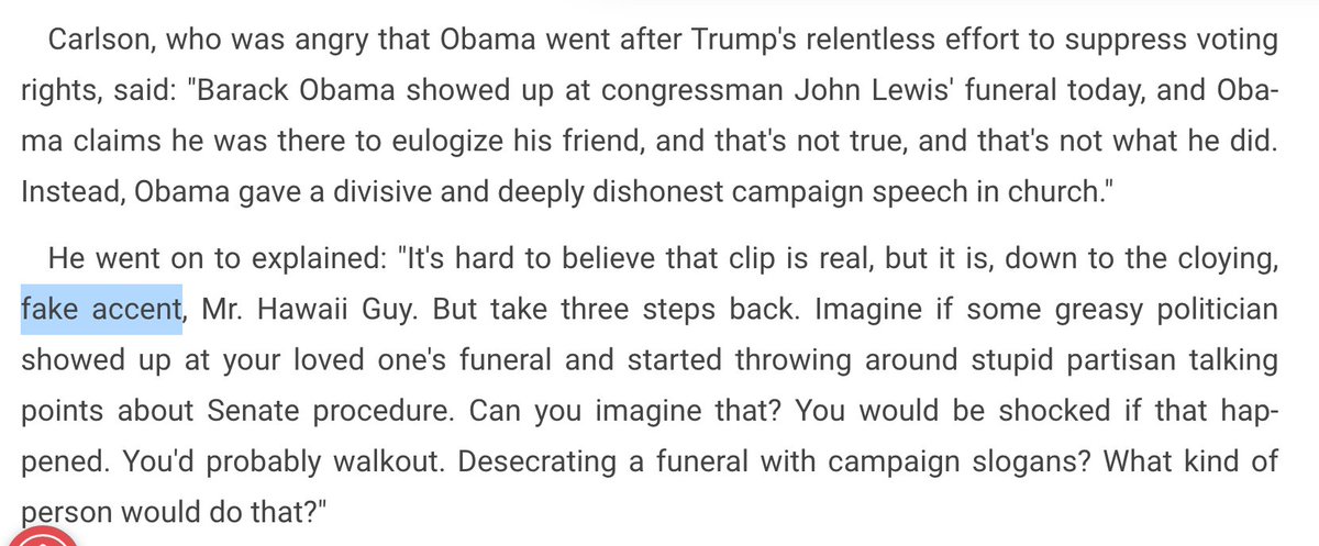 Tucker Carlson most recently went on a rant about Obama's "accent" during John Lewis's funeral, calling the "accent" fake and Obama "Mr. Hawaii Guy." If Fox News were generally interested in AAE/AAVE code-switching they would have figured it out by now. But they're just racist.