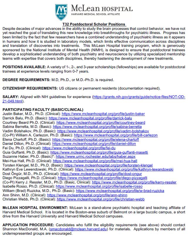 📢T32 Postdoctoral Scholar Positions at <a href="/McLeanHospital/">McLean Hospital</a>! 
Our training program is designed to ensure that postdoctoral trainees develop a sophisticated understanding of both #psychiatry and #neuroscience with specialized mentorship that covers both disciplines🧠. Please RT!
