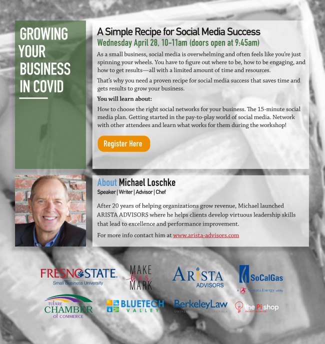 mloschke's tweet photo. Last Chance to Register for "A Simple Recipe for Social Media Success"  Thanks again to Fresno State University for this series.  Get your FREE business builder bundle ($270 value) just for registering. https://t.co/5yzCmy88mO https://t.co/7hvkh2r5ZL