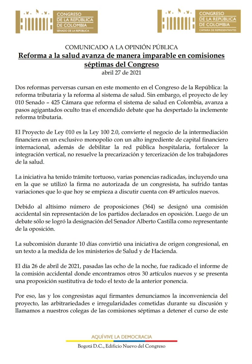 AngelicaLozanoC's tweet photo. 🔴 Están pupitreando una reforma a la salud feroz, que profundiza la lógica de la salud como un negocio, nada de derecho.

OJO: ya la pupitrearon en conjuntas de Cámara y Senado. Falta el detalle del articulado. https://t.co/MRdZmDvj2m