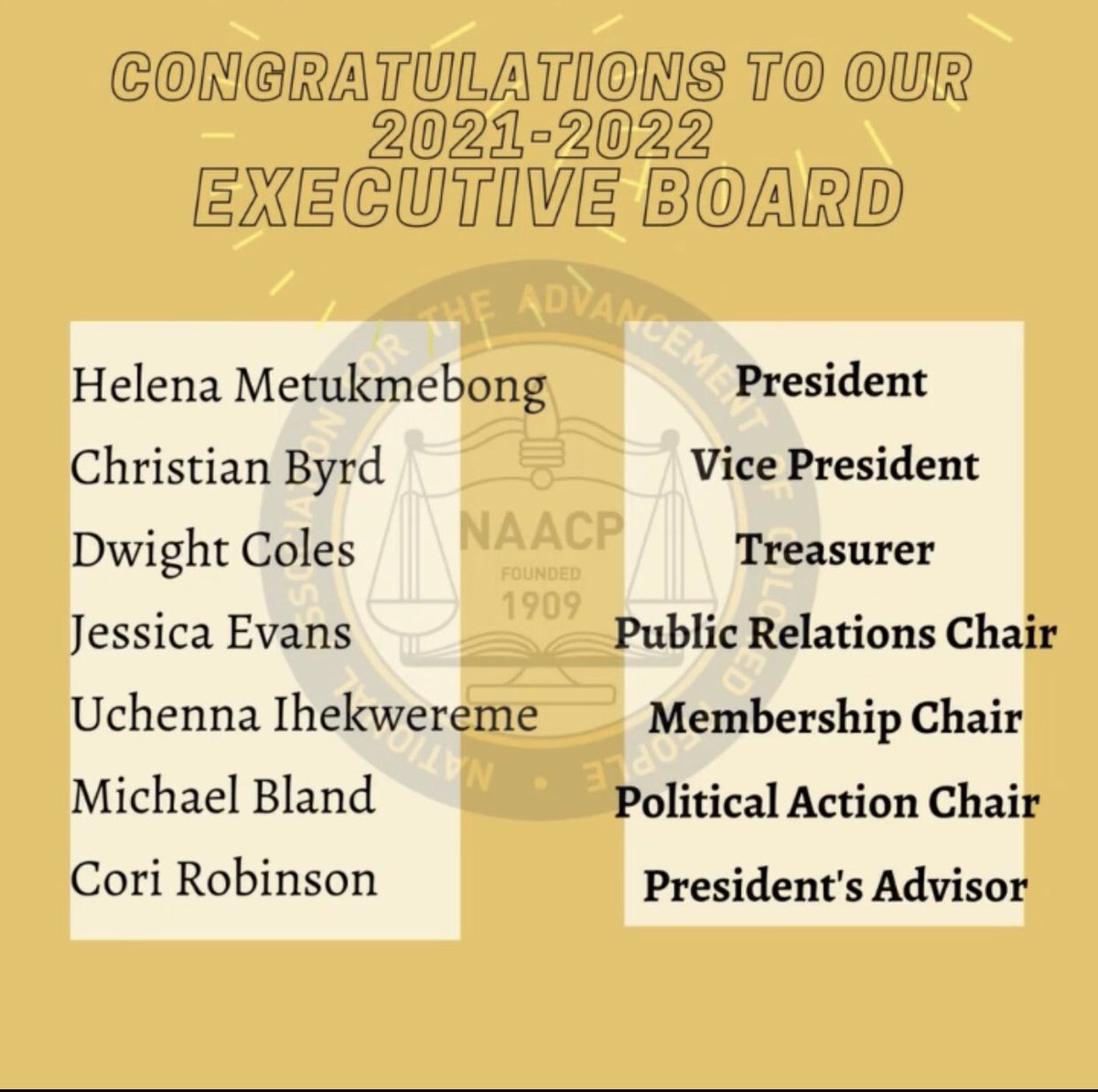 UGANAACP's tweet photo. Introducing the 2021-2022 University of Georgia Chapter of NAACP Executive Board! Congratulations to these young leaders, we are excited for this upcoming year! https://t.co/eTpkMSuPra