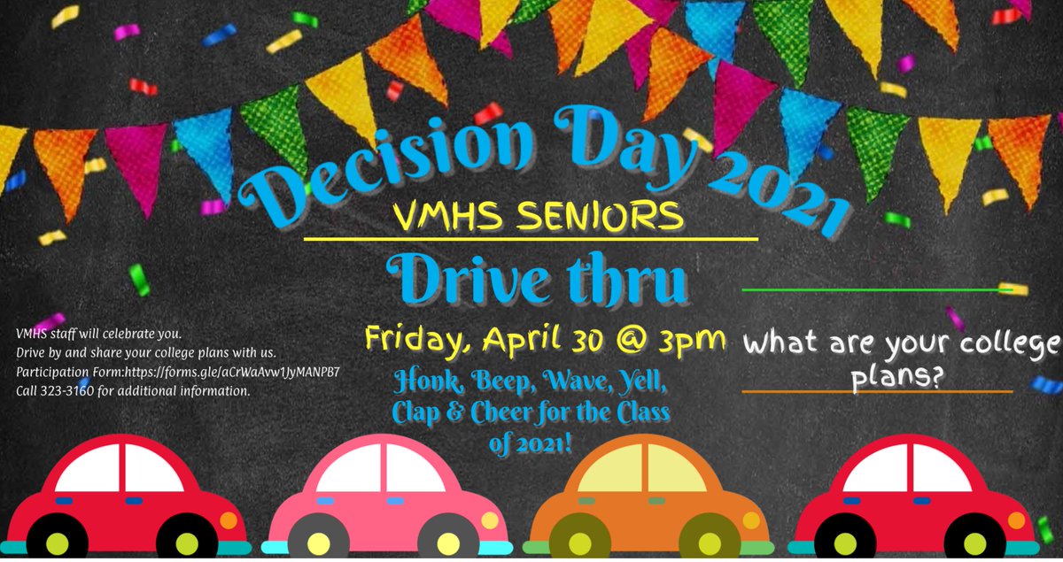 VMHSBigBlue's tweet photo. VMHS Seniors, join us for a College Decision Day Parade on April 30th.  If interested, please sign the PARTICIPATION and WAIVER &amp; RELEASE form.  See you there, LOUD &amp; PROUD!
https://t.co/UxhdQrQlPg https://t.co/YbWWJXQDue