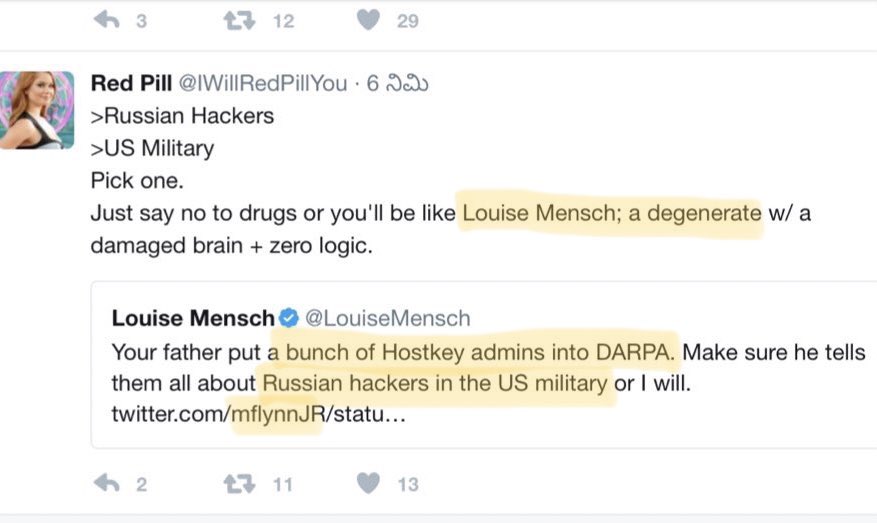 It can be a little confusing. Breaking this down...“Red Pill” works for Jim Watkins at the Goldwater, which  @CullenHoback says might be financed by Roger Stone.Red Pill is *covering* for Mike Flynn Jr. by pointing at a PURPOSEFULLY RIDICULOUS conspiracy theory by Louise.