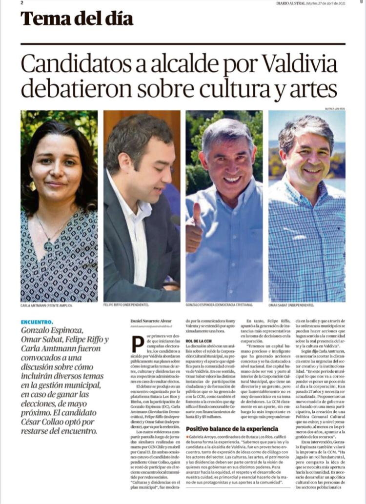 butacalosrios's tweet photo. HOY el Diario Austral destaca nuestro conversatorio #CulturasYDisidenciasValdivia2021 👏 Revisa un resumen de las propuestas + importantes presentadas por lxs candidatxs a la @munivaldivia✊ Recuerda que si te lo perdiste, lo puedes ver completo en https://t.co/BTywBAMJib 💻 https://t.co/s4kpFNbgID