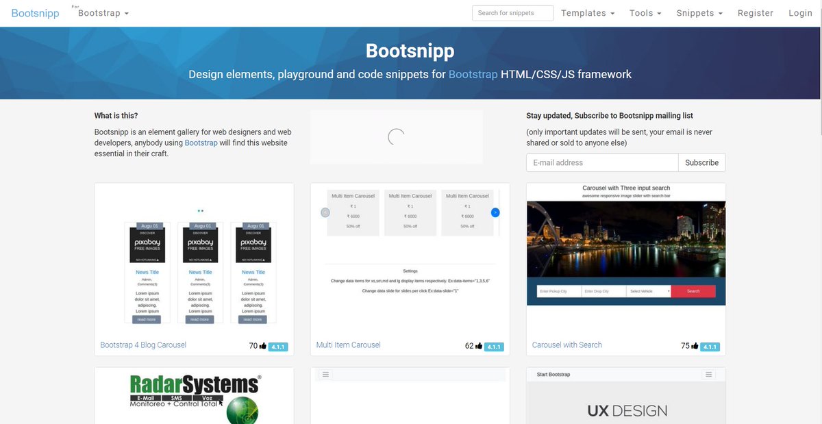  Bootsnipp- Design elements, playground and code snippets for Bootstrap HTML/CSS/JS framework  https://bootsnipp.com/ 