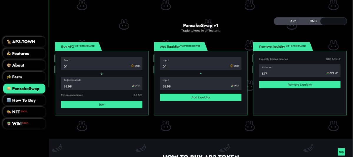 Our website now features a fully compatible interface with #Pancakeswap V1 under our brand.

ap3.town/#exchange

Simply connect your MetaMask or Trust Wallet to do the following:
- Buy #AP3
- Add AP3/BNB liquidity
- Remove AP3/BNB liquidity

#AP3TRIBE #DeFi #BSC #Binance