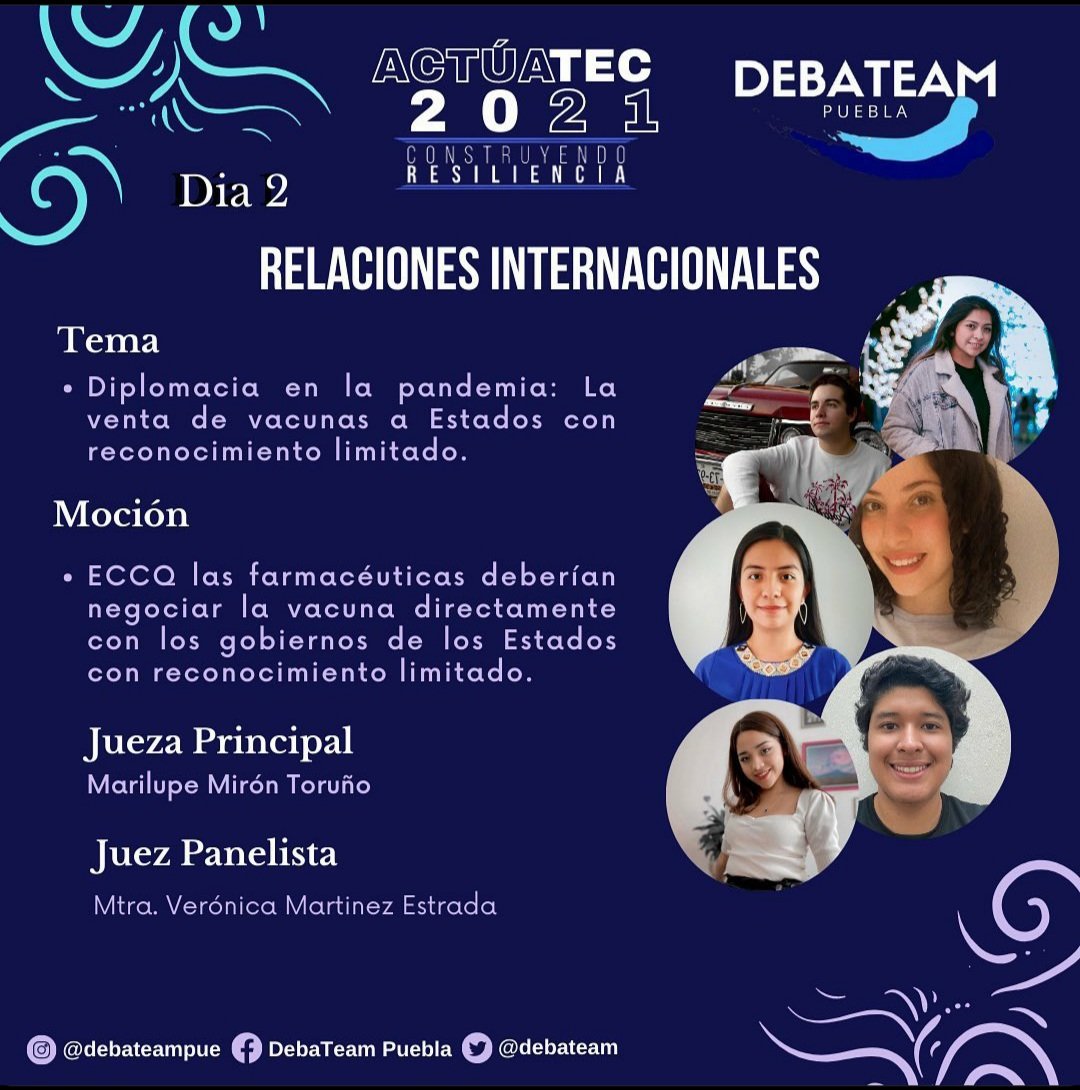 debateam's tweet photo. Te presentamos a los jueces y debatientes que van a participar en el Día 2de la Jornada de Debates de Británico Parlamentario🙌, el cual se llevará acabo dentro del marco de actividades ActúaTec 2021. 
¿Ya los conoces? 🤔

#ActúaTec2021#TecPue#CienciasSociales#DebaTeam https://t.co/Q48YMYgjw9