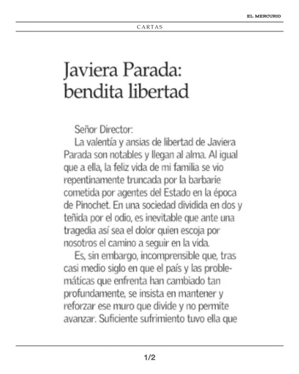 HernanLarrain's tweet photo. “Maravilloso ejemplo es el que nos dan al atreverse a soñar con un Chile sin divisiones, donde lo que defina a una persona sean sus propios valores, liberados ya de la pesada mochila de esa historia pasada”. 
Notable carta de María Alicia Ruiz-Tagle hoy en el @ElMercurio_cl 👇 https://t.co/0U0gj8mhqI