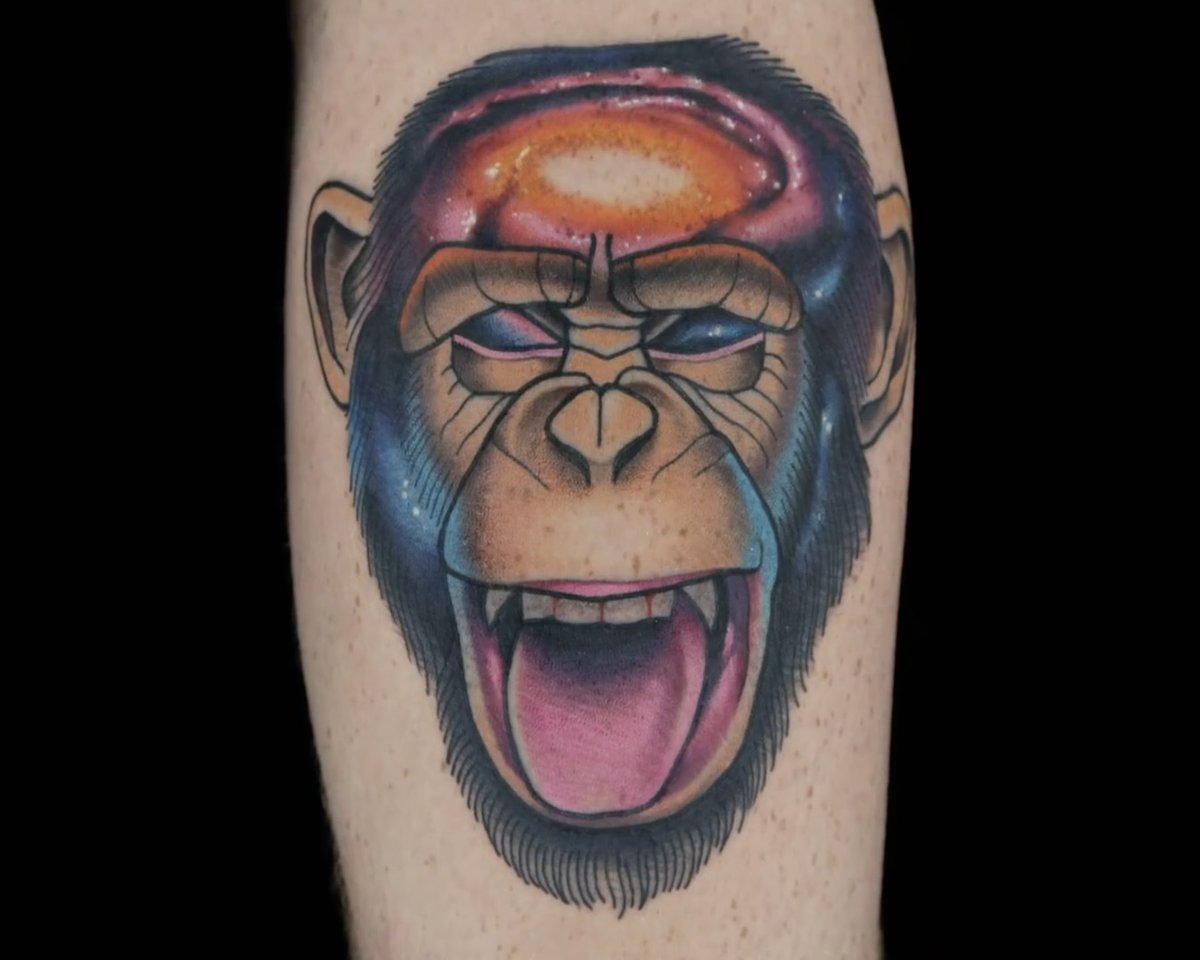 This is a tattoo that just makes you happy when you look at it. It’s colorful, it’s fun and it pops! 🌌🐵 by <a href="/Jimmysnaz1/">Jimmysnaz</a> #InkMaster