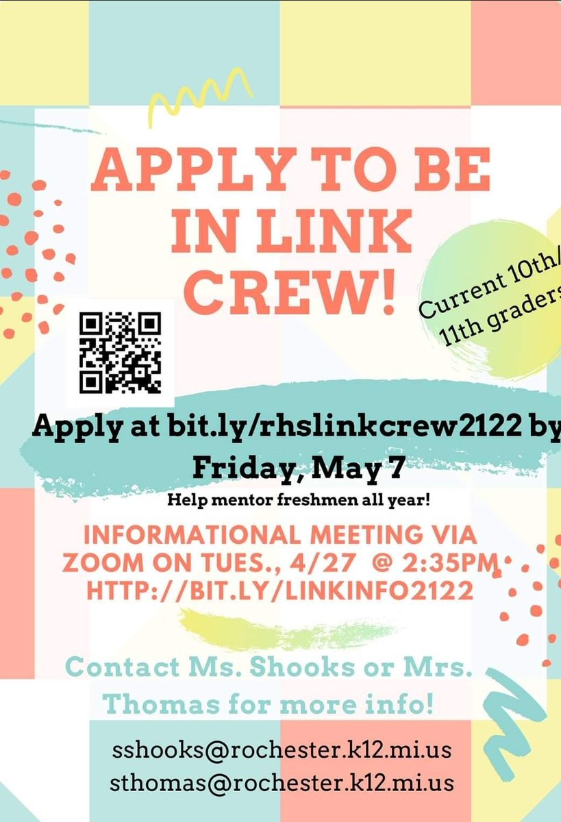 FalconLinkCrew's tweet image. Don't forget we have our info meeting today at 2:35 via Zoom! Current sophomores and juniors can attend! Hope to see you there! @RHSFalcons #linkcrew bit.ly/linkinfo2122