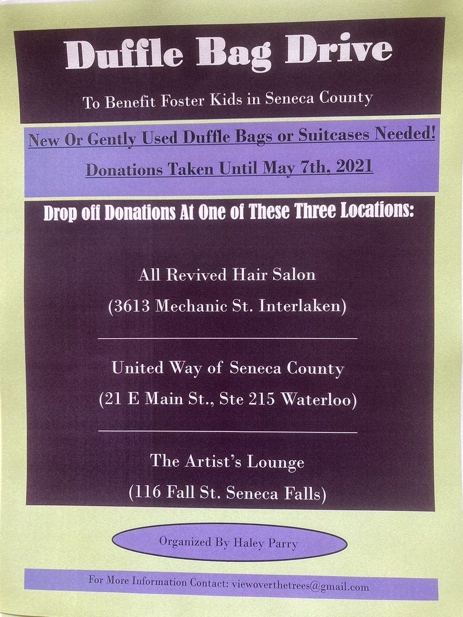 L_Rundell's tweet image. Please consider donating a new or gently used duffle bag or suitcase and let’s share some love to kids in our county💜 Drop off your donation @ArtistJessi or any of the following locations until May 7th. The Artist’s lounge is open T-F 10-2 and Sat 11-3