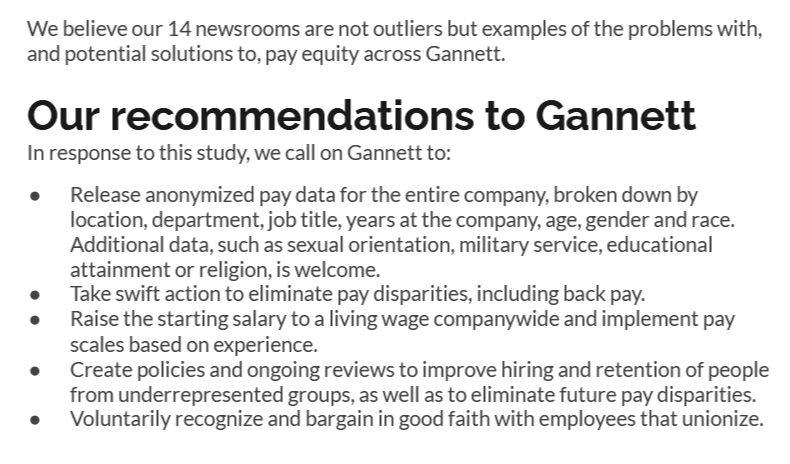 When it comes to equal pay for equal work,  @Gannett can and must do better.We call for company-wide salary transparency, swift action to correct pay disparities, higher wages and voluntary recognition for all employees who unionize.Let's lead our industry.