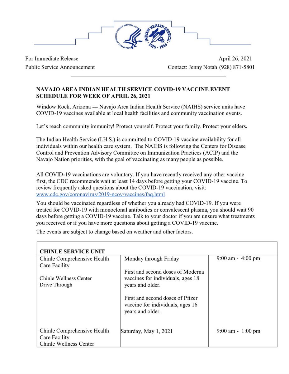 NezForAZ's tweet photo. NAVAJO AREA IHS COVID-19 VACCINATION SCHEDULE 04.27.21 https://t.co/vZPAutBiBG