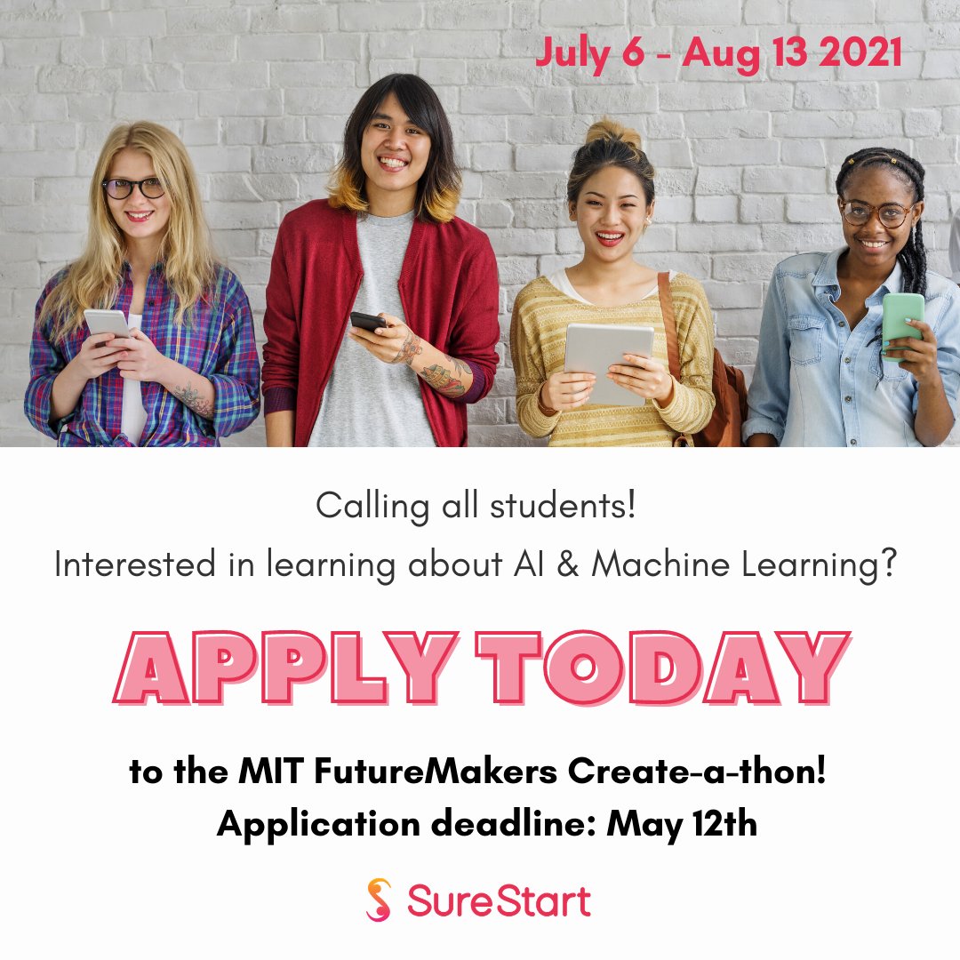 taniyatts's tweet image. Apply to the MIT FutureMakers Create-a-thon! This summer #AI program, developed in collaboration by SureStart & the #MIT Raise Initiative will help students develop #ML skills.
Undergrad/HS students apply now!
Opportunity for middle schoolers(!) too. buff.ly/3t1bpRv