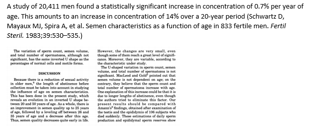 Sperm Concentration.Semen characteristics as a function of age in 833 fertile men a study which was conducted by Schwartz D.data report no change in sperm concentration up to age 50. Some have even suggested increases in sperm concentrations with age.