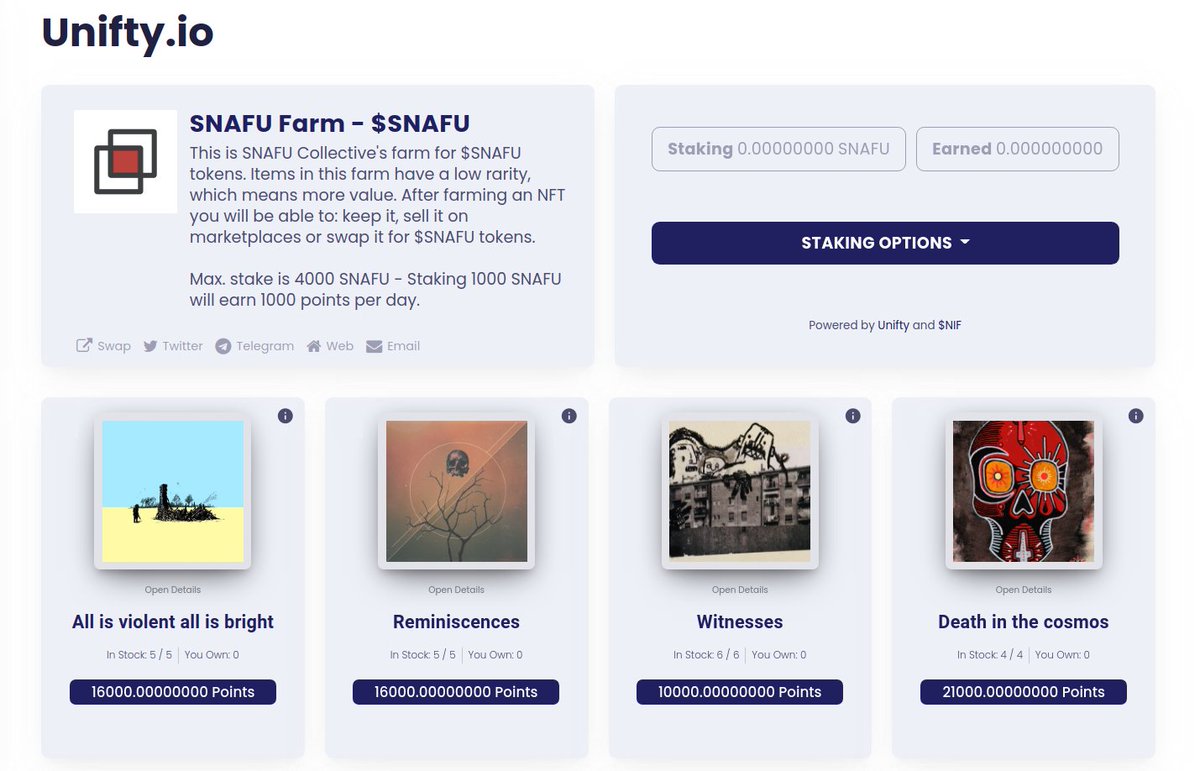 nftsnafu's tweet photo. We just released our #farming pool on @unifty_io powered by @xdaichain: https://t.co/QiOJ7UqLPe

By staking $SNAFU tokens you are able to farm unique #artworks of our artists. You can keep the #NFTs you'll farm, sell them or #swap them and earn $SNAFU tokens.

#DeFi #NFT https://t.co/ICYyLTENlT