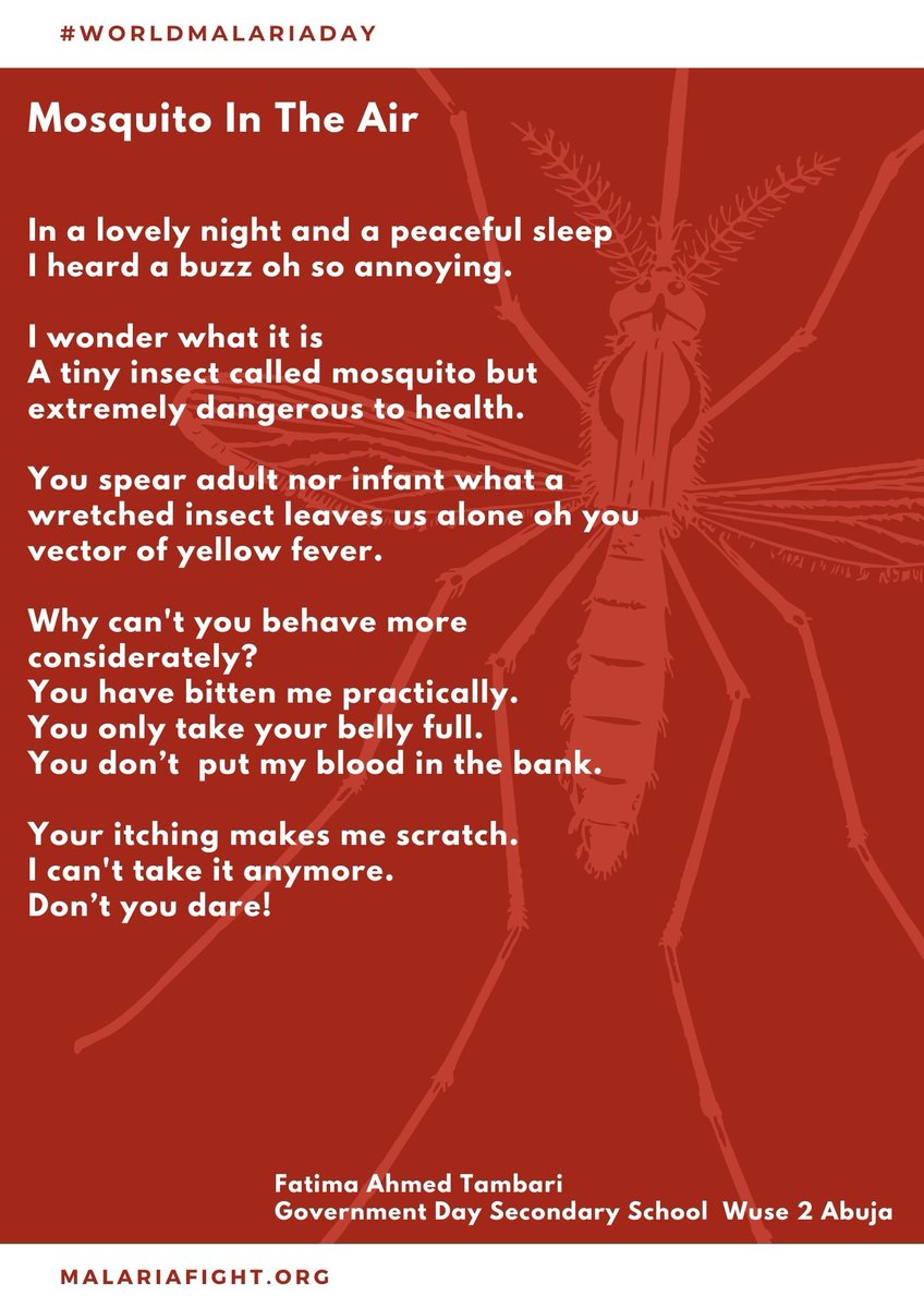 PanAfricare_Ng's tweet photo. The war against Malaria is still ongoing! Let's work together as we eliminate this disease from our nation!
#WorldMalariaDay2021
#StandUpTakeAction
@XOMFoundation
@NBA_Africa #PowerForward #
Poem by Fatima Ahmed Tambari https://t.co/hRRI5neIt4