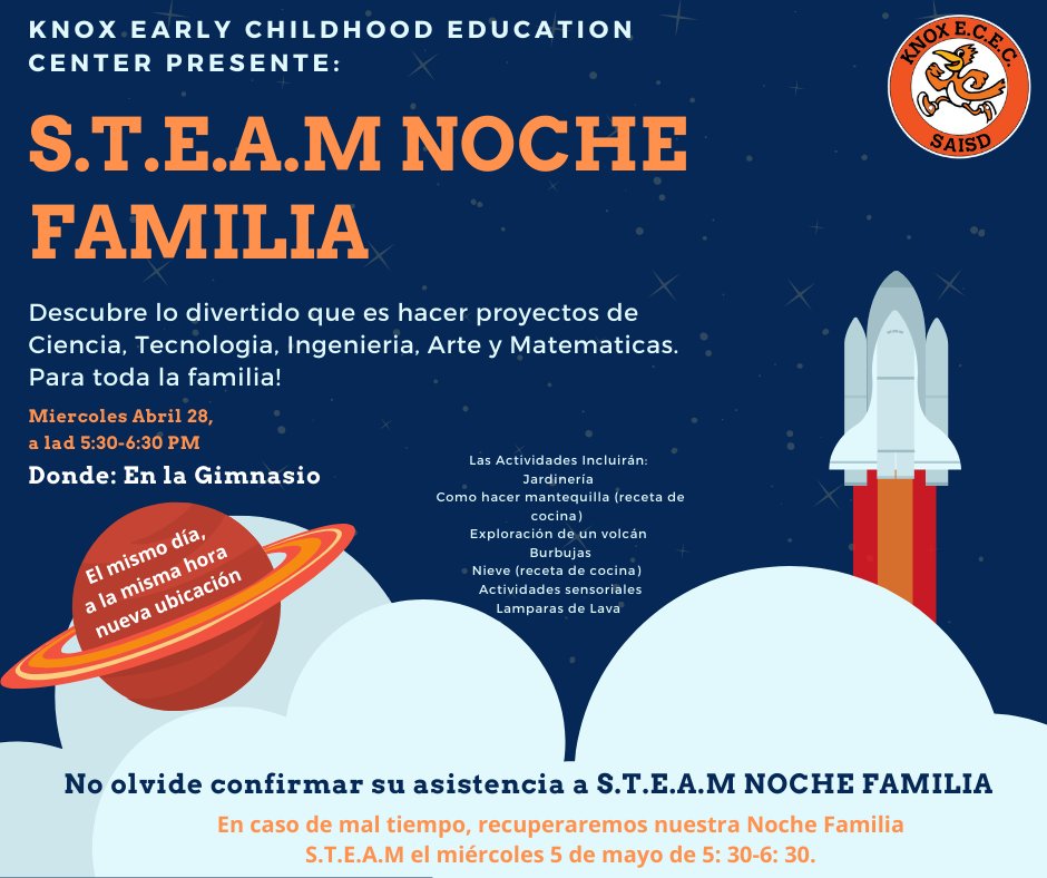 Join us for a night full of STEAM activities April 28th from 5:30-6:30pm. Location for the event has changed from the front lawn to the gym due to weather.  #remarkablyKnox #KnoxSTEAMnight