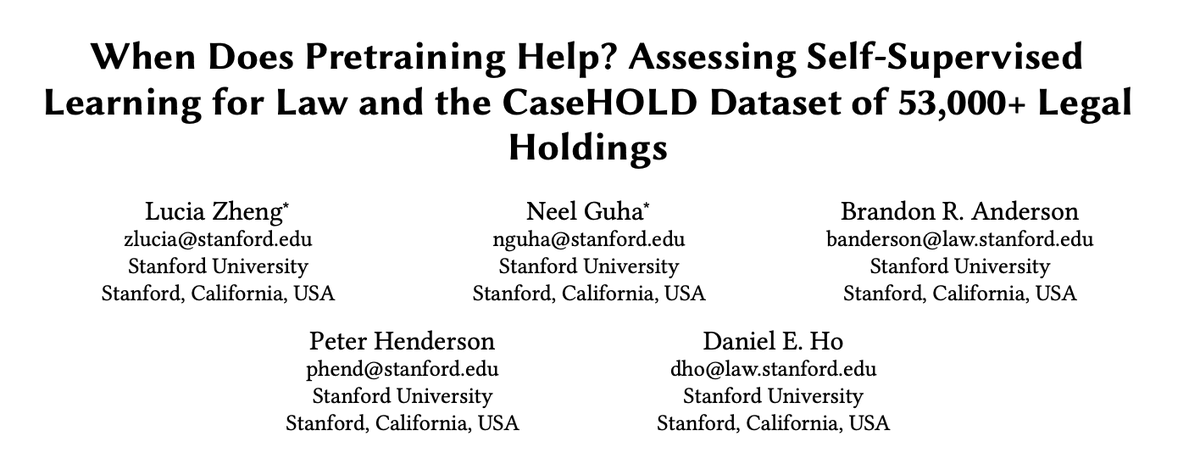 Just how much does domain-specific pretraining help for legal NLP tasks? We studied this by creating “CaseHOLD” -- a new benchmark for precedential reasoning in law. 

Paper: arxiv.org/abs/2104.08671
Blog: reglab.stanford.edu/data/casehold-…
1/6