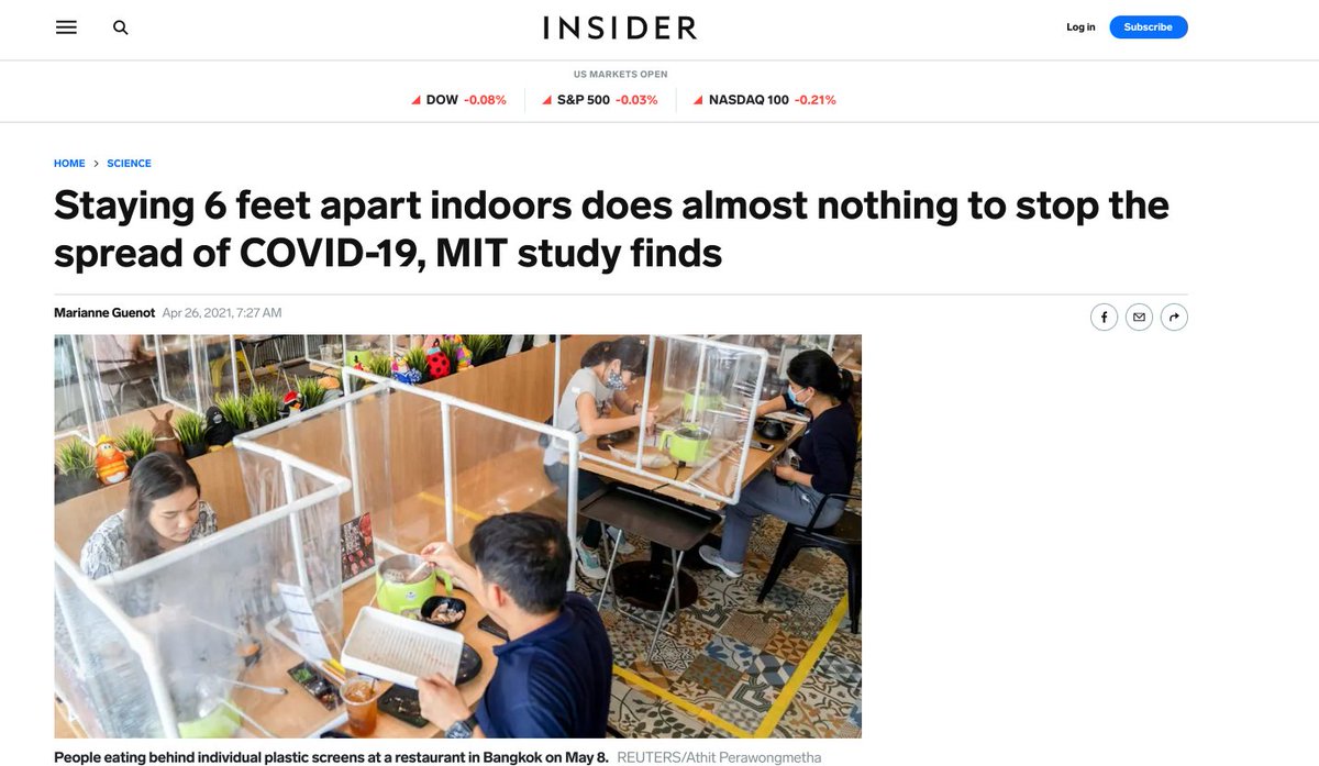 Enough already. This headline is dangerously misleading. Distance does a lot of work, even indoors, but if the location is enclosed then, OVER TIME, the air will mix to farther away places (though viruses also lose infectivity over time).  @Marianne_Guenot  https://twitter.com/wesyang/status/1387069955343097856