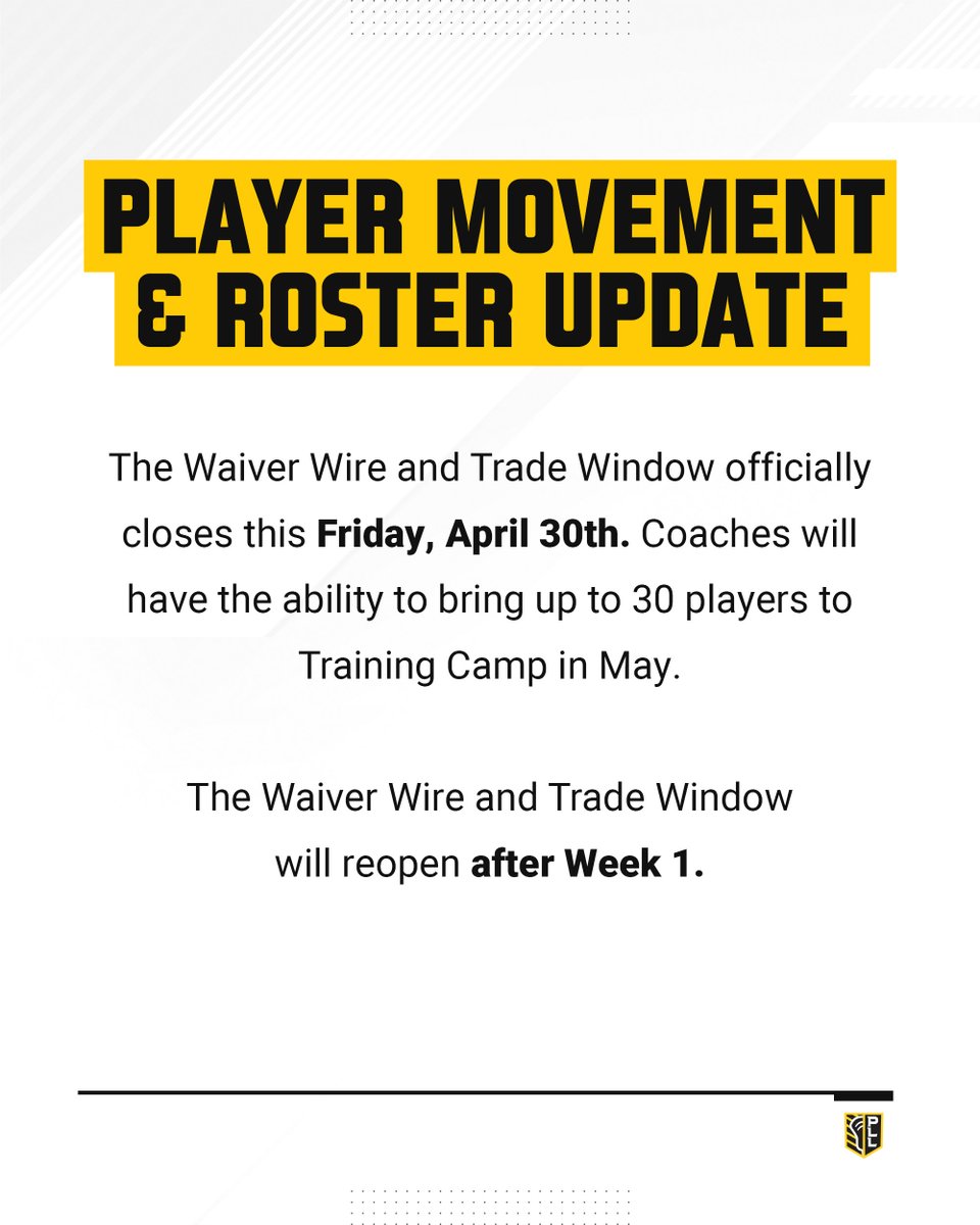 🗣 Player Movement + Roster Update 

Waiver Wire and Trade Window closes this Friday, April 30th. 

The Waiver Wire and Trade Window reopens on Monday, June 7th.