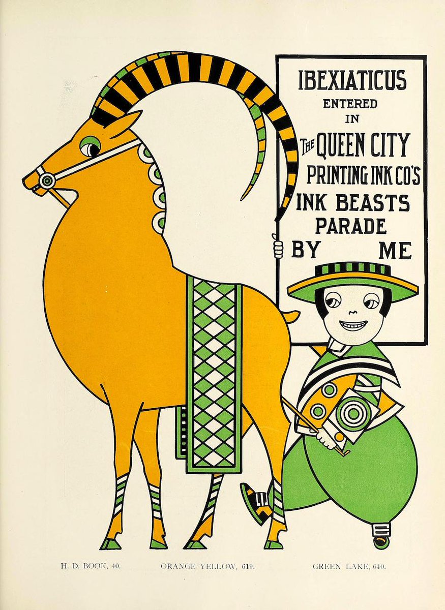 PublicDomainRev's tweet photo. From 1903 to 1907 Augustus Jansson produced more than 30 striking adverts for the Queen City Printing Ink Company, including the wonderful Ink Beasts Parade series, with its "Magenta Ponies" and "Orange-Yellow Ibexiaticus". More here: https://t.co/pX4sSxOuhp https://t.co/hIiMz7DVsF
