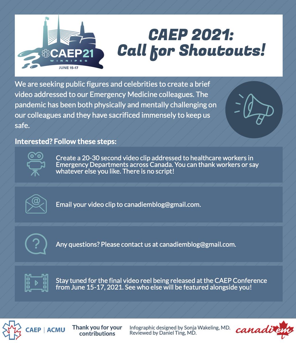 Help us thank <a href="/CAEP_Docs/">CAEP</a> physicians at this year's virtual conference! Seeking celebrities and public figures to provide a brief video message to Canadian Emerg physicians! Details in infographic

<a href="/WeAreCanadiEM/">CanadiEM</a> <a href="/TheSGEM/">Ken Milne MD</a> <a href="/CAEPResidents/">CAEP Residents</a> @caepstudent <a href="/CAEP_2SLGBTQ/">CAEP 2SLGBTQIA+</a> <a href="/SonjaWakeling/">Sonja Wakeling</a>